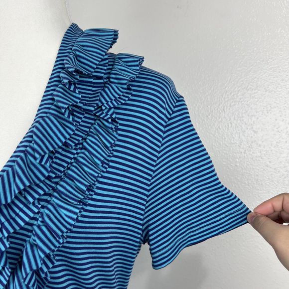 Soft Surroundings Blouse Women Medium Blue Striped Ruffle Collar Short Sleeve - Picture 10 of 13
